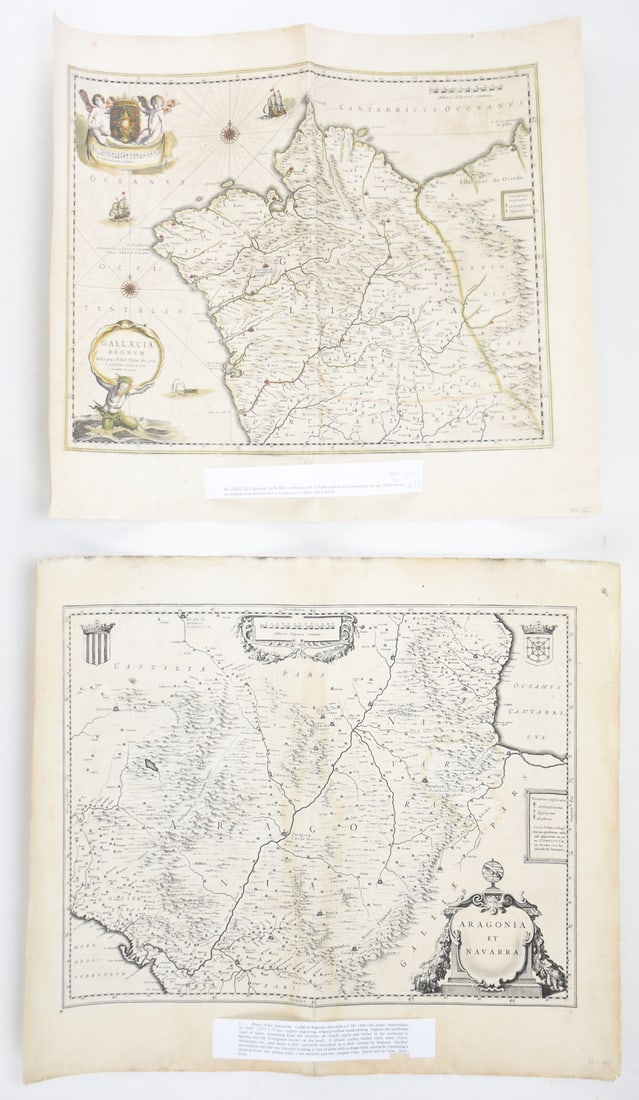 TWO 17TH CENTURY MAPS OF SPAIN: BLEAU (ATTR.) "ARAGONIA ET NAVARRA" & "GALLAECIA REGNUM": This lot includes the following copper-engraved maps of Spain with text on the verso, circa early mid-17th century: Bleau (attributed) "Aragonia et Navarra" and a Willem Janszoom Bleau or Jan Jansson