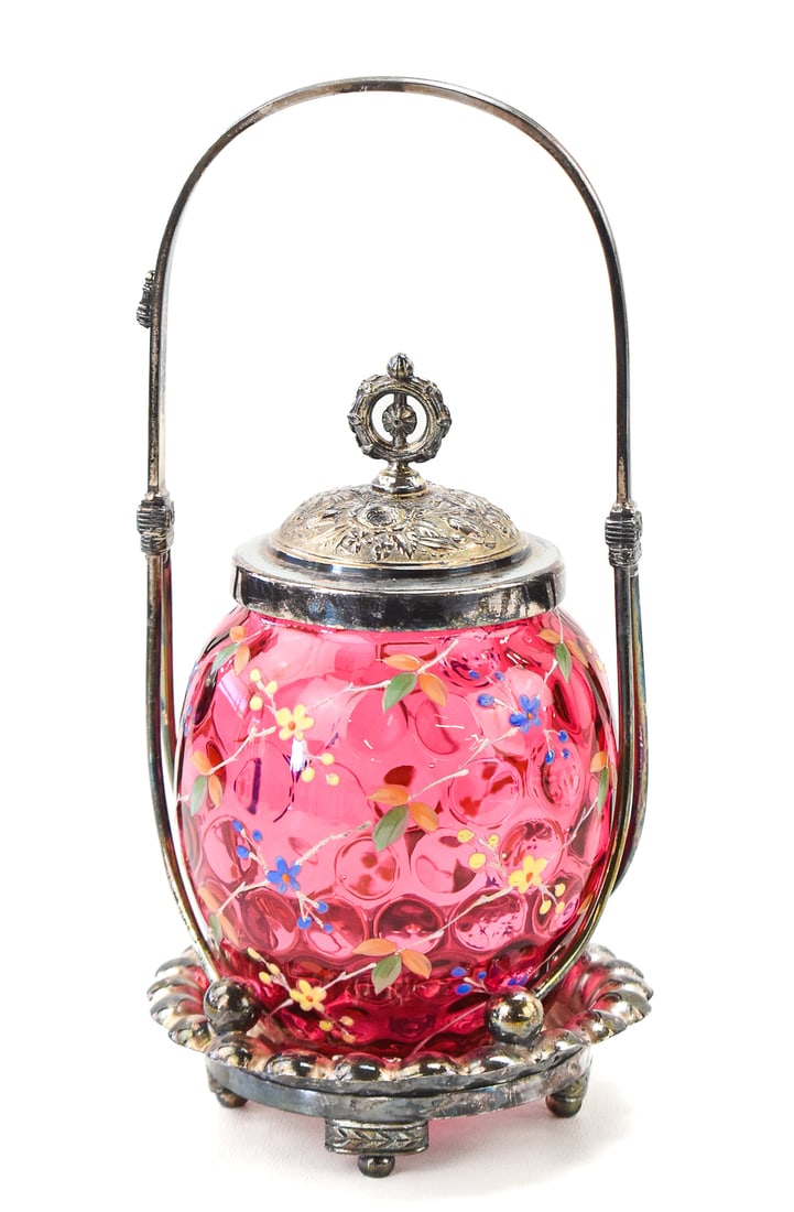 VICTORIAN CRANBERRY GLASS & ENAMELED PICKLE CASTOR WITH SILVER FRAME (1 of 2)