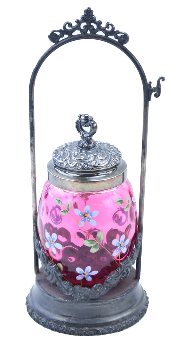 VICTORIAN CRANBERRY GLASS & ENAMELED PICKLE CASTOR WITH SILVER FRAME (1 of 2)