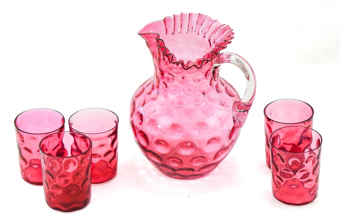 VICTORIAN FENTON CRANBERRY GLASS 'COIN DOT' JUICE SET (1 of 2)