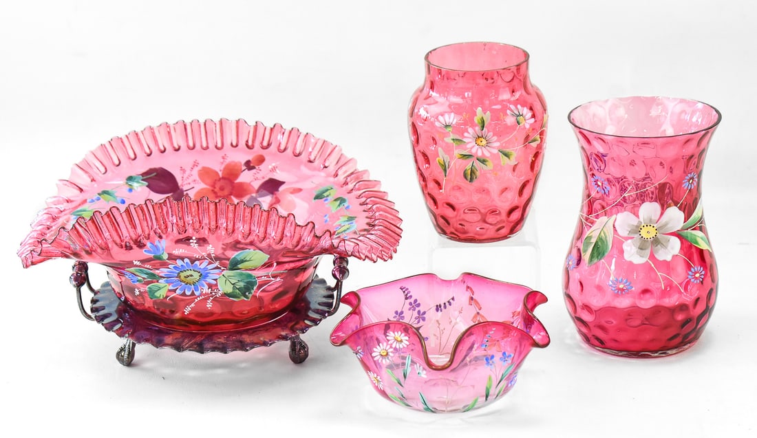 VICTORIAN FLORAL PAINTED CRANBERRY GLASS: BRIDE'S BASKET, VASES, AND BOWL (1 of 2)