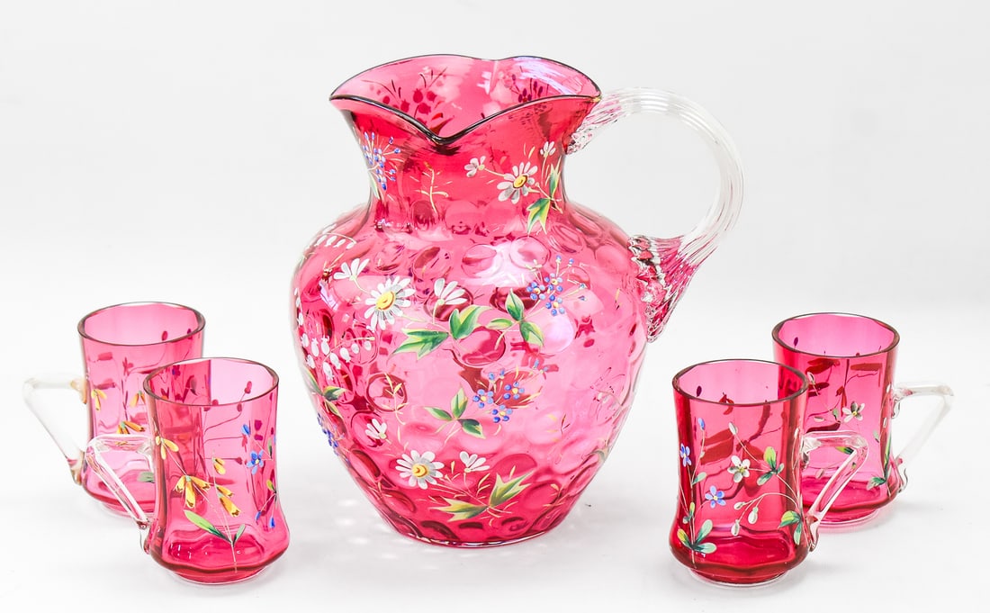 VICTORIAN CRANBERRY GLASS ENAMELED COIN-DOT JUICE SET (1 of 2)