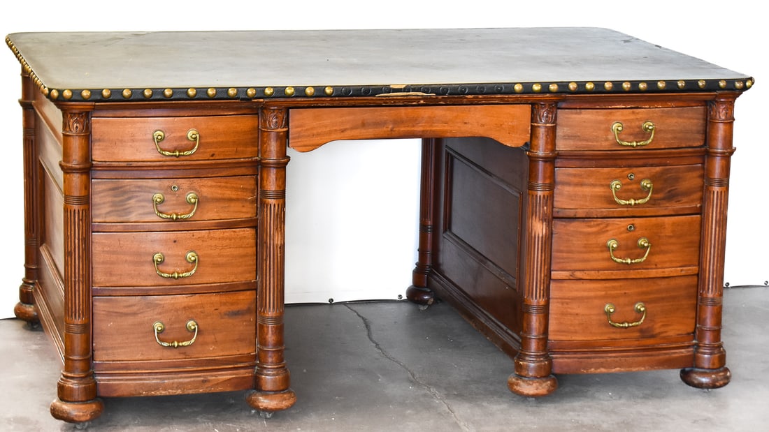 SHERATON-STYLE LEATHER-TOPPED MAHOGANY EXECUTIVE DESK (1 of 5)
