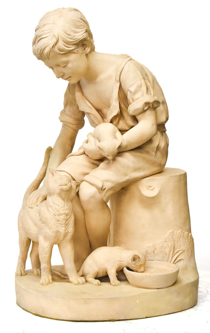 SIGNED ANTIQUE DANISH JAKOB FJELDE "THE BOY AND CATS" TERRACOTTA CASTED SCULPTURE: A large circa 1887 antique signed, number #579 terracotta sculpture by Jakob Fjelde (1855-1896) "The boy and the cats". It was produced in collaboration and in limited numbers by the Danish P. Ipsen