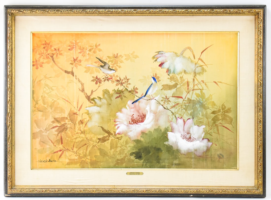 HIROSHI HONDA "BOKKOTSU ON SILK" PAINTING: Original pigment painting on silk by listed artist, Hiroshi Honda (b.1913), signed lower left and titled "Bokkotsu on Silk" on the front title tag. Art measures 23.5" H x 35.5" W presented in a frame