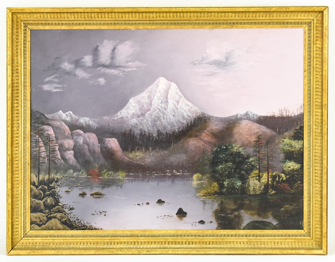 JOSEPH HASTINGS BENNETT 'MT. HOOD AT DUSK' OIL PAINTING: Original oil painting on board by listed artist Joseph Hastings Bennett (CA, 1889-1969), signed lower right. Features a view of Oregon's Mt. Hood at dusk. Art measures 18" H x 24" W
