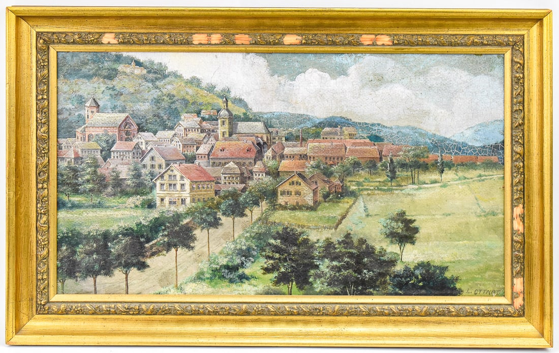MIXED MEDIA TOWNSCAPE BY L. OTTNAT: Original mixed media townscape on board by artist, L. Ottnat, signed lower right. Features a colorful village with tree-lined entrance set amongst a mountain landscape. Art measures 11.5" H x 21" W
