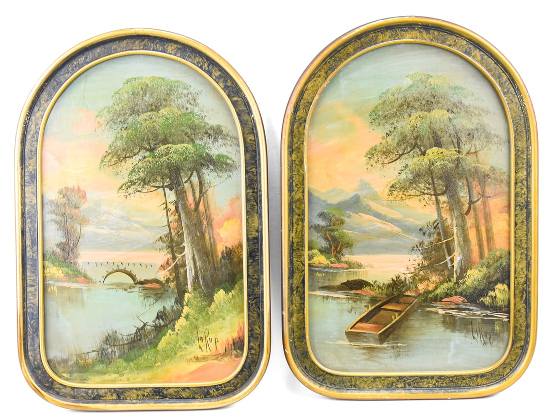 PAIR OF LAKESIDE OIL PAINTINGS BY LA RUE: Pair of original lakeside oil paintings on board signed by artist, La Rue, lower right. Art measures 15.5â€? H x 9â€? W presented in a frame measuring 18â€? H x 12â€? W x