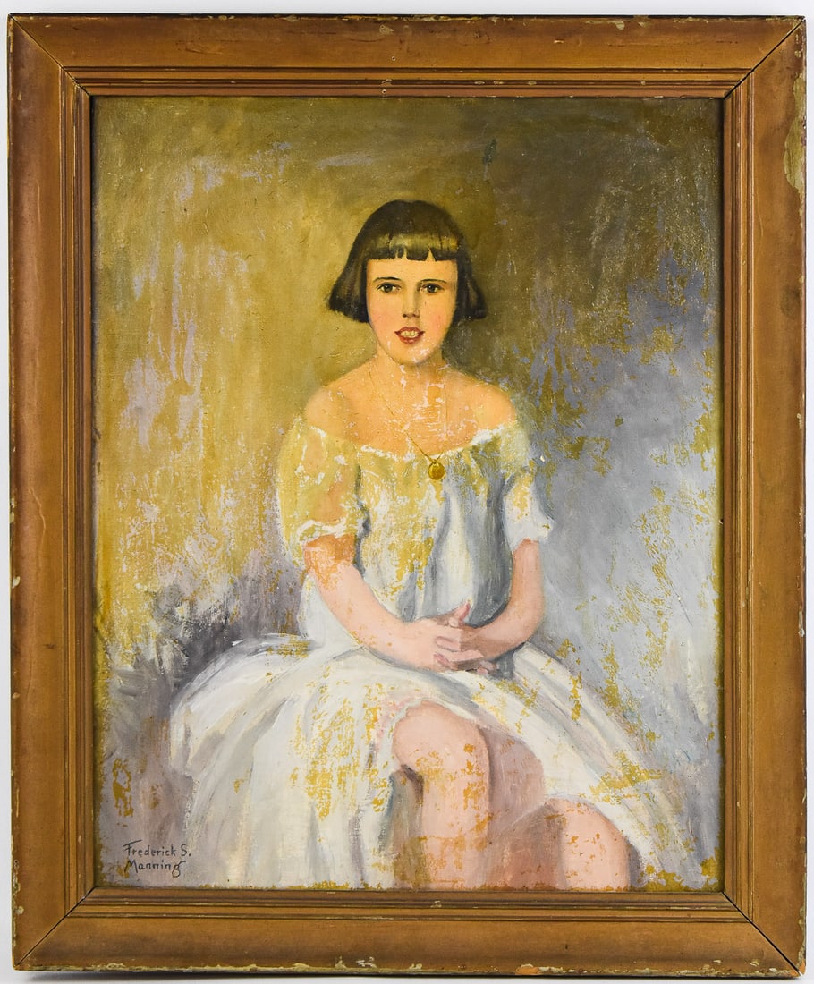 FREDERICK S. MANNING 'GIRL'S PORTRAIT' OIL PAINTING: Original girl's portrait oil painting on board by artist Frederick S. Manning (early 20th C.), signed lower left. The painting in the frame measures 23.5" H x 19.5" W x 1" D.