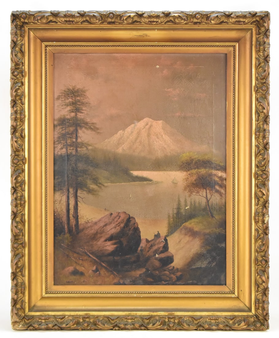 "MOUNT RAINIER" OIL PAINTING: Original oil painting on canvas featuring Mount Rainier in Washington State. Art measures 24" H x 18" W presented in a frame measuring 33" H x 26" W x 4.5" D.