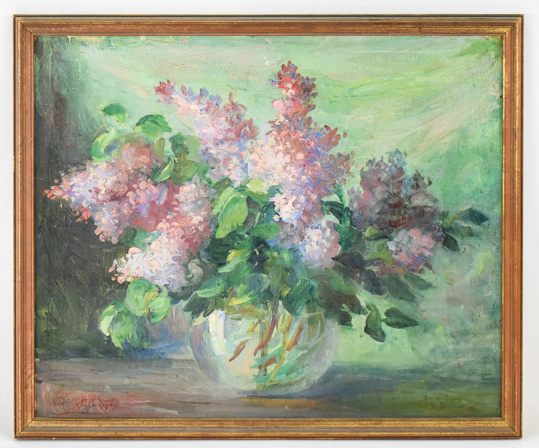 WICKLIFFE C. COVINGTON 'LILACS' OIL PAINTING: Original oil painting on canvas by listed artist, Wickliffe Cooper Covington (CA, KY, 1867-1938), signed lower left. Features a colorful still life with a vase of lilac flowers. Art measures 18" 