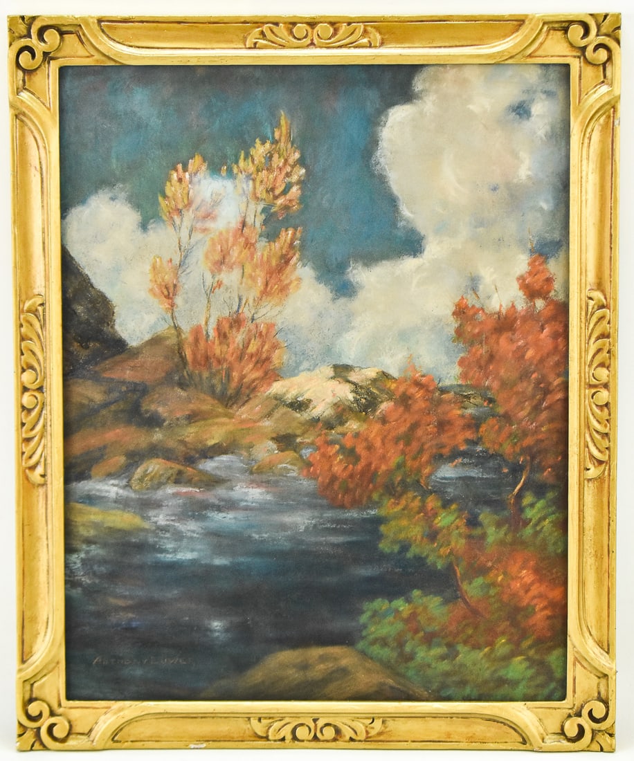 ANTHONY EUWER "FALL LANDSCAPE" PASTEL: Original pastel on paper by listed Oregon artist Anthony Euwer (PA, 1877-1955), signed lower left and titled "Fall Landscape" on the verso. Artwork measures 20" H x 16" W presented in a frame under