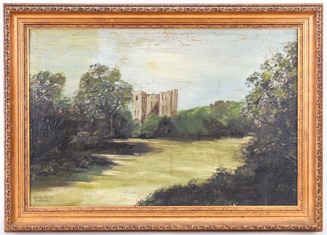 F. SKIDMORE "ARUNDEL CASTLE" OIL PAINTING: Original oil painting on canvas by artist, F. Skidmore, signed lower left and titled "Arundel Castle". Art measures 18" H x 27" W presented in a frame measuring 23" H x 32" W x 2" D.