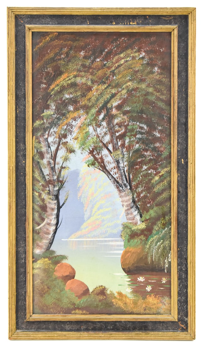 L. MAGNUSON 'LAKESIDE FOREST' OIL PAINTING: Original oil painting on board by Oregon artist, L. Magnuson, signed lower right. Features a lake view through a forest landscape. Art measures 24" H x 12" W presented in a frame measuring 28.5" H x 1