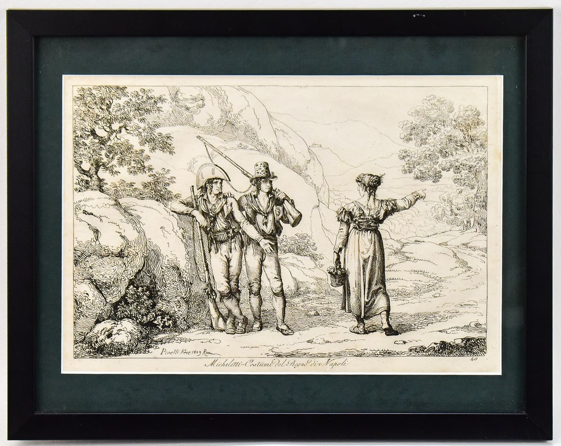 1809 ETCHING "MICHELETTI-COSTUMI DEL REGNO DI NAPOLI" BY BARTOLOMEO PINELLI: Ink etching "Micheletti-Costumi del Regno di Napoli" on paper by listed artist, Bartolomeo Pinelli (Italy, 1781-1835). Art measures 8.5" H x 12.5" W presented in a frame measuring 12" H x 15" W x 1" D