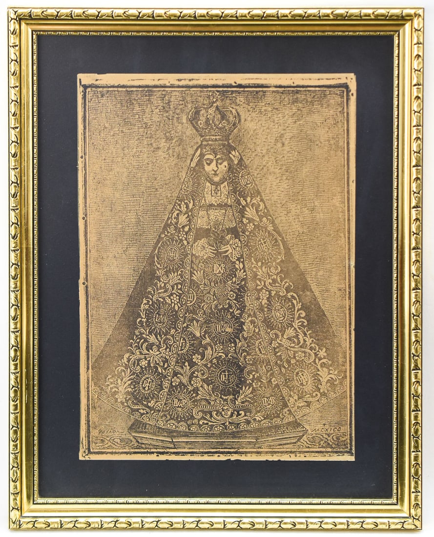 "OUR LADY OF SOLITUDE" ETCHING: This artwork is made of ink pressed onto a piece of silk fabric. "Our Lady of Solitude" was an engraving by Mexican artist Jose Guadalupe Posada(1852-1913). Posada created the plate for this image in 
