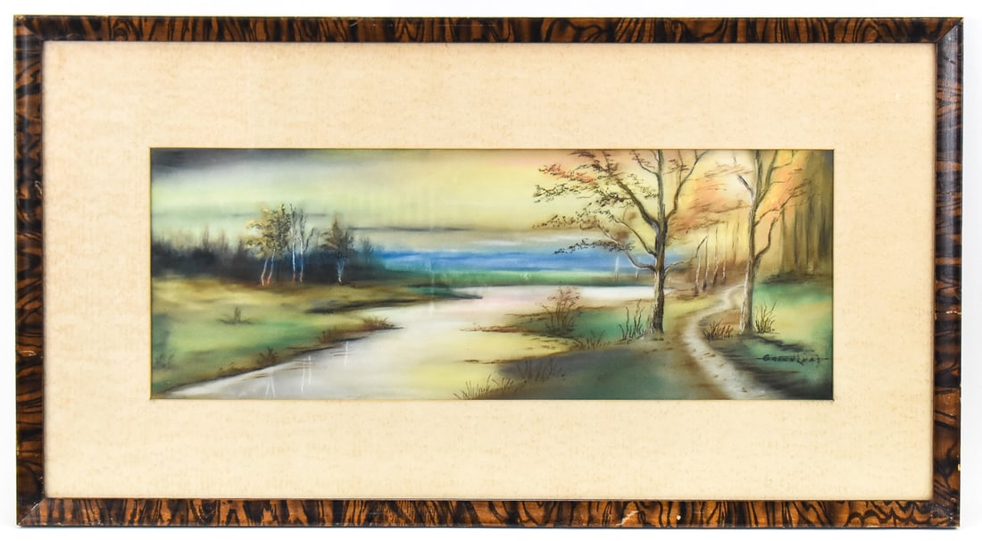 LAKESIDE LANDSCAPE PASTEL BY GREENLEAF: Original lakeside landscape in pastel on paper by artist, Greenleaf, signed lower right. Art measures 7" H x 19" W presented in a frame measuring 14" H x 26" W x 1" D.