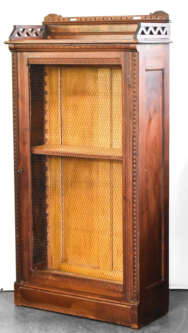 WALNUT LIBRARY BOOKCASE WITH WIRE MESH DOOR, IRA F. POWERS FURNITURE CO., PORTLAND, OREGON (1 of 3)