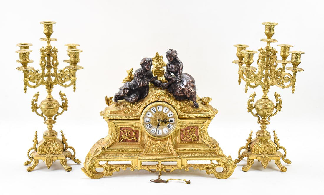 FRANZ HERMLE ITALIAN IMPERIAL BRASS MANTLE CLOCK AND GARNITURE SET (1 of 3)