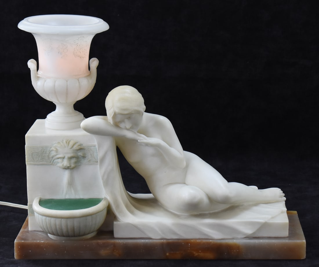AFTER DANTE ZOI FIGURAL ALABASTER TABLE LAMP OF A LADY AT A FOUNTAIN (1 of 4)