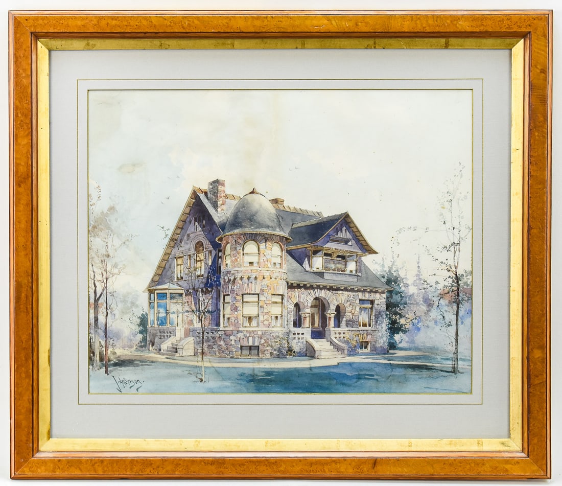 J. ANDERSON 'QUEEN ANNE VICTORIAN' ARCHITECTURAL WATERCOLOR: Original watercolor painting on paper by J. Anderson, signed lower left. Depicts the architecture of a Queen Anne style Victorian home. Art measures 15" H x 19" W presented in a frame measuring 23" H