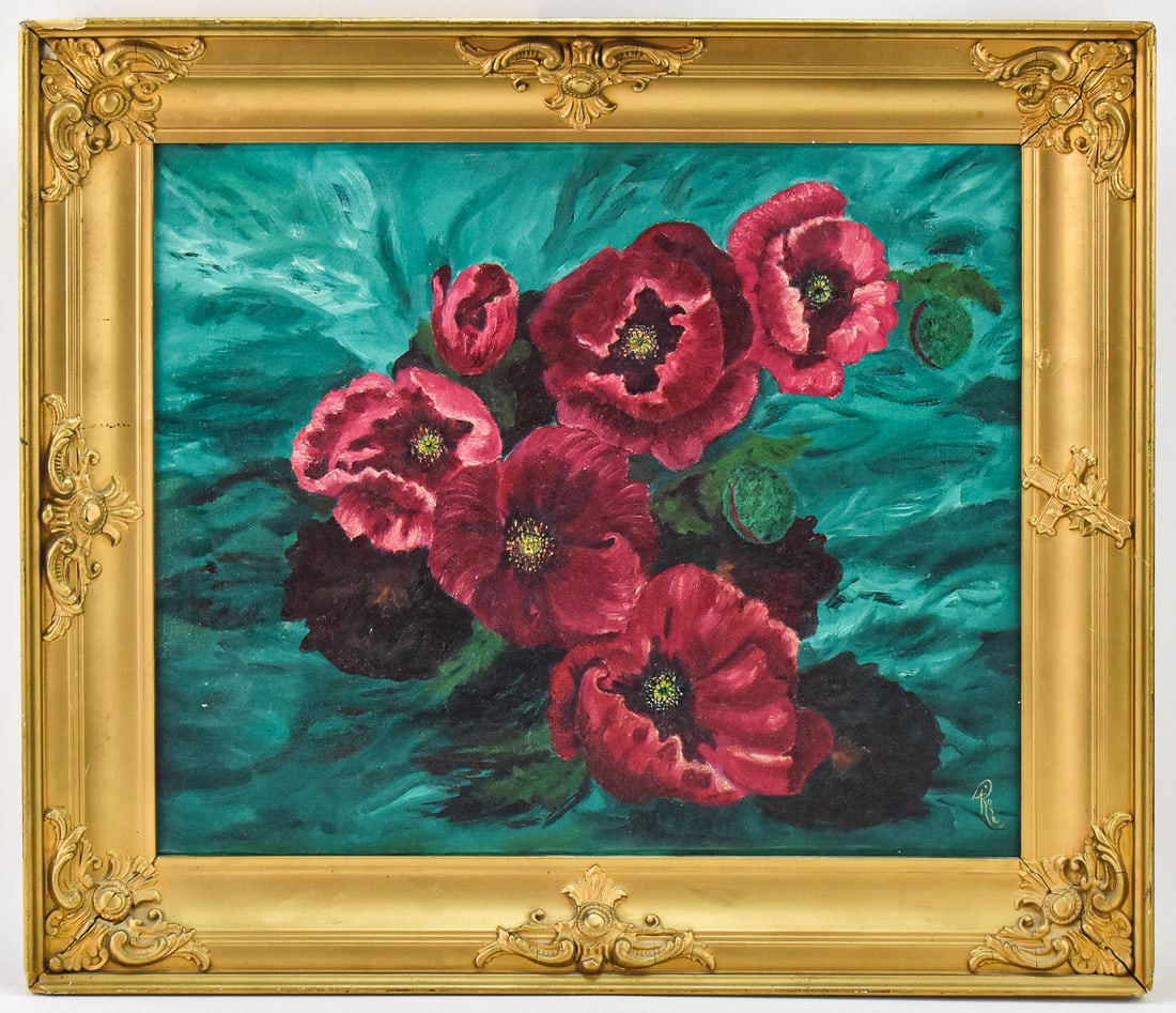 "POPPIES" OIL PAINTING BY ROSA: Original oil painting on canvas by artist, Rosa, signed lower right. Features a cluster of poppy flowers. Art measures 19.5" H x 23.5" W presented in a frame measuring 26" H x 30" W x 2" D.