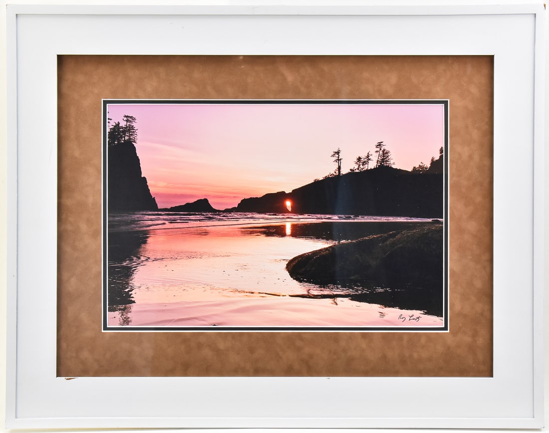 ROY LUTZ "SECOND BEACH SUNSET" LA PUSH, WA SIGNED PHOTOGRAPH: Original photograph on paper by artist, Roy Lutz, signed lower right and titled "Second Beach Sunset" on the verso, "Washington Coast at La Push, WA." Art measures 12" H x 18" W presented in a frame