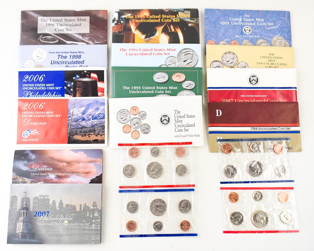 COLLECTION OF U.S. UNCIRCULATED COIN SETS 1984-2007: An assortment of U.S. Mint Uncirculated Coin sets ranging from the year 1984 through 2007, including 1984, 1987, 1990-1996, 1998, 2006, and 2007. Each set from each year has every minted coin from