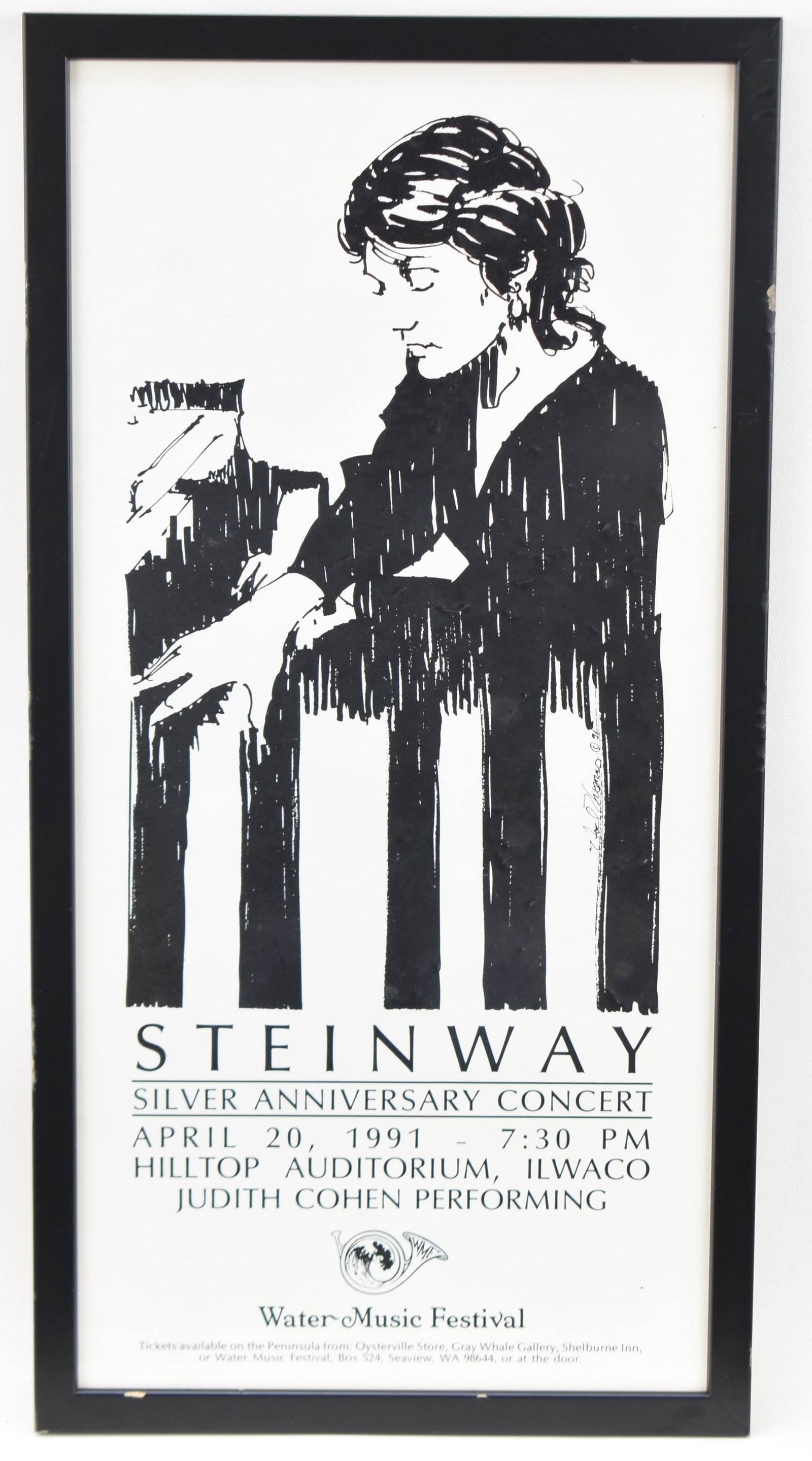 NOEL THOMAS, STEINWAY SILVER ANNIVERSARY CONCERT POSTER 1991: A Steinway Silver Anniversary Concert poster for a performance featuring Judith Cohen on April 20th, 1991, created by listed artist Noel Thomas (20th Century) of Astoria, Oregon. Signed by the artist
