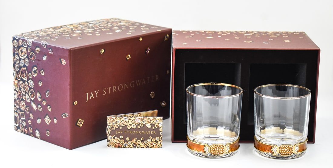 JAY STRONGWATER SWAROVSKI HUDSON DOUBLE OLD FASHION GLASSES: A Jay Strongwater Hudson Double Old Fashion pair of glasses featuring Swarovski crystals and a 14K gold paint finish with an original box. The item measures approx. 6" H x 9.5" W x 6.5" D.