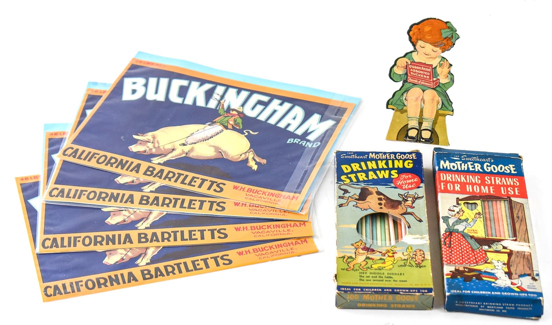 BUCKINGHAM BRAND BARTLETT LABELS, SWEETHEART "MOTHER GOOSE" STRAWS, QUEEN ANNE SUCKERS DOLL (1 of 3)