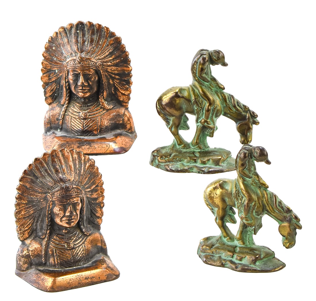 TWO SETS OF NATIVE AMERICAN THEMED BRONZE BOOKENDS (1 of 2)