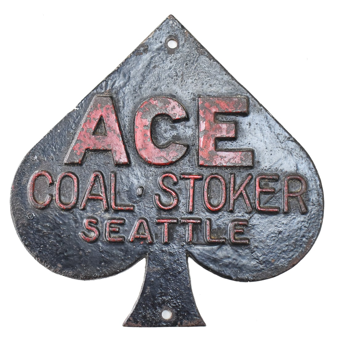 ACE COAL STOKER ADVERTISING SIGN: Sign is a manufacturer's plate for "Ace" brand mechanical stockers. The "spade" shape is a direct thematic link to the traditional tool used for heating coal. The sign is made of cast iron with emboss