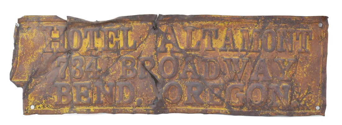 HOTEL ALTAMONT BEND, OREGON METAL EMBOSSED SIGN (1 of 2)