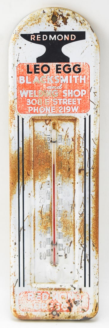 LEO EGG BLACKSMITH AND WELDING SHOP, REDMOND, VINTAGE ADVERTISING THERMOMETER (1 of 2)