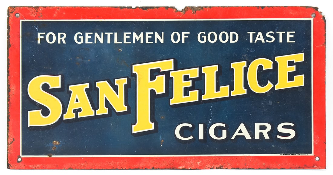 SAN FELICE CIGARS ADVERTISING SIGN: Sign is made of tin and manufactured by The Elwood Myers Company of Springfield, Ohio circa 1910s. The sign measures approx. 8" H x 15.5" W x .5" D. San Felice is a historic, defunct