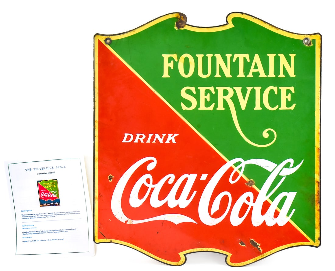1933 COCA-COLA DOUBLE-SIDED PORCELAIN ENAMELED FOUNTAIN SERVICE SIGN: A Coca-Cola double-sided porcelain enameled "Fountain Service" sign, circa 1933, measuring approx. 26" H x 23" W x 0.5" D.
