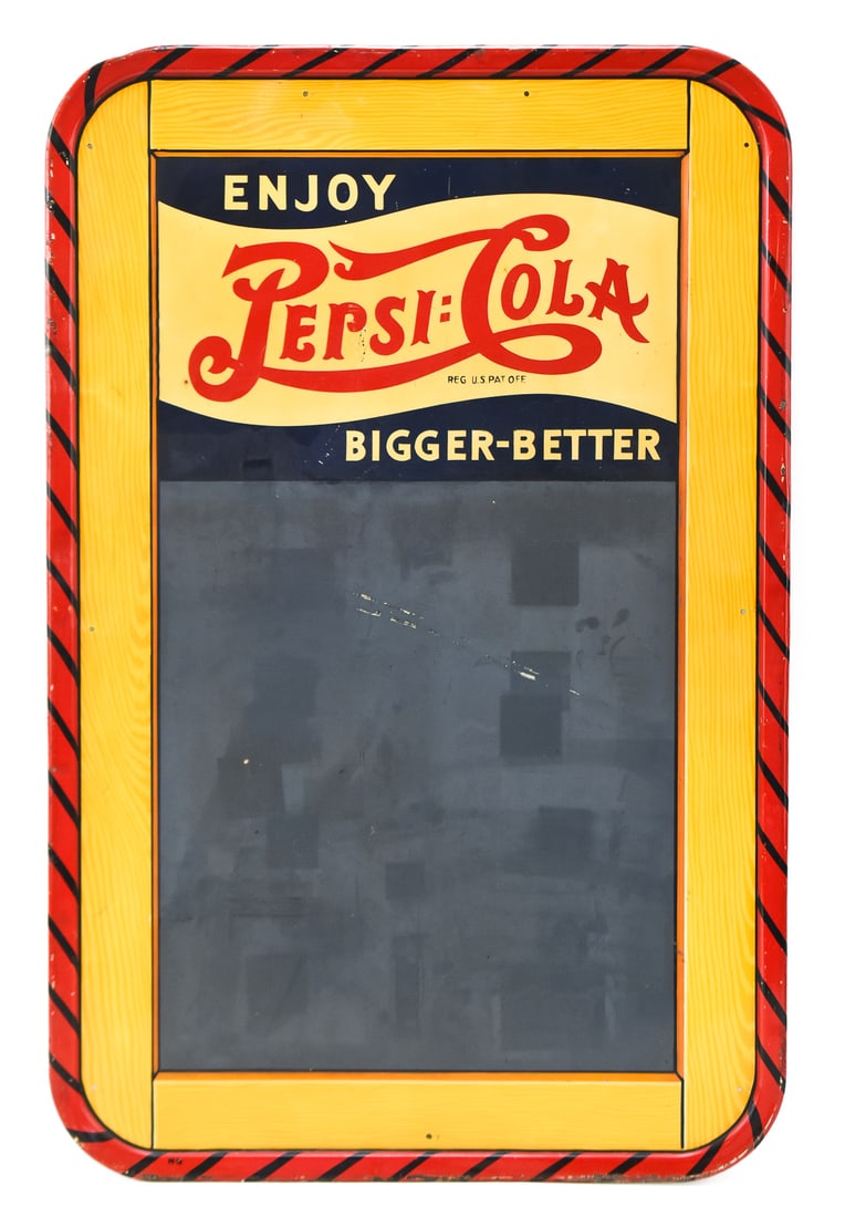 PEPSI:COLA ORIGINAL DOUBLE-DOT CHALKBOARD, C. 1940s: A Pepsi:Cola original double-dot single-sided painted steel chalkboard, produced circa 1940s. The sign has the words "Enjoy Pepsi:Cola Bigger-Better" and the production code M-16 written on the