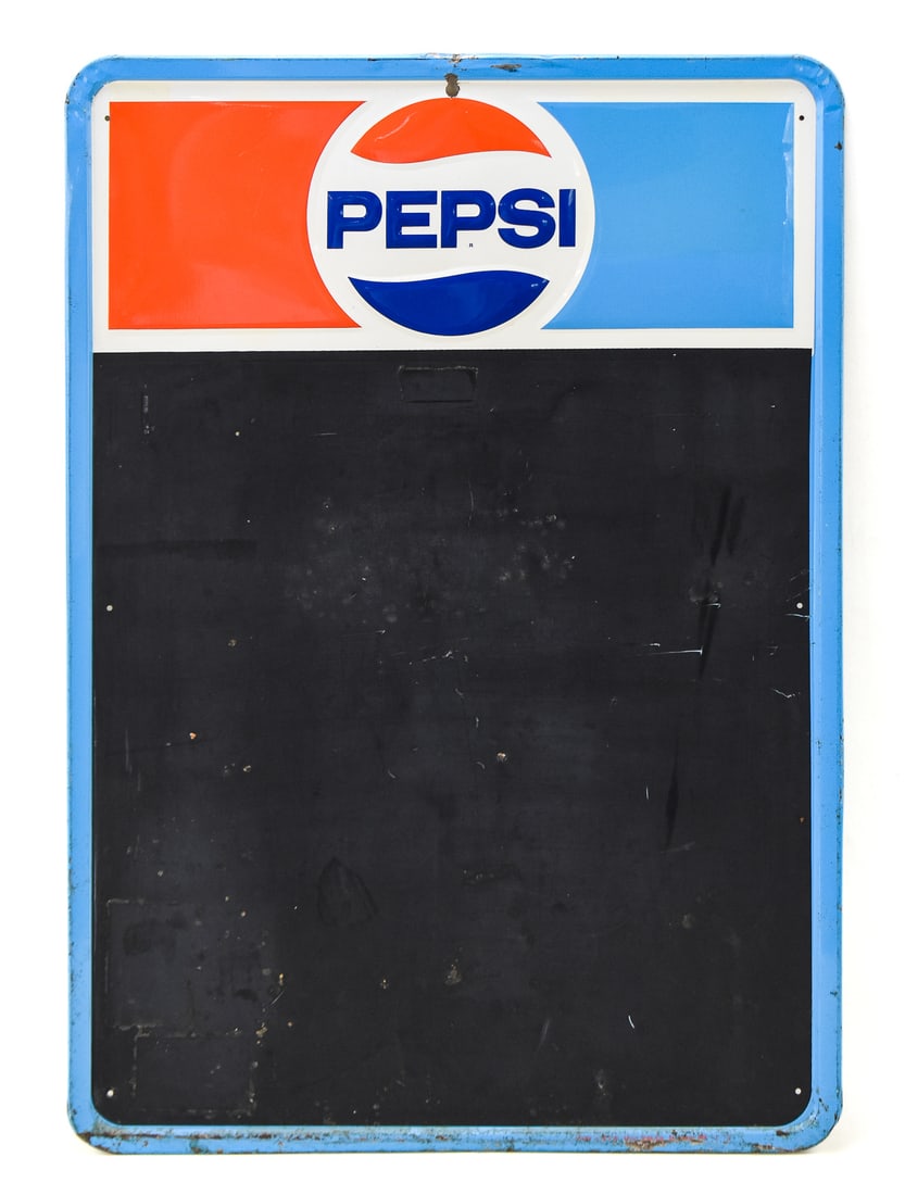 VINTAGE PEPSI CHALKBOARD, STOUT SIGN COMPANY, C. 1970s: A Pepsi brand painted steel chalkboard produced by the Stout Sign Company of St. Louis, Missouri, circa 1970s. The sign has the maker information written on the bottom right, and the classic Pepsi cir
