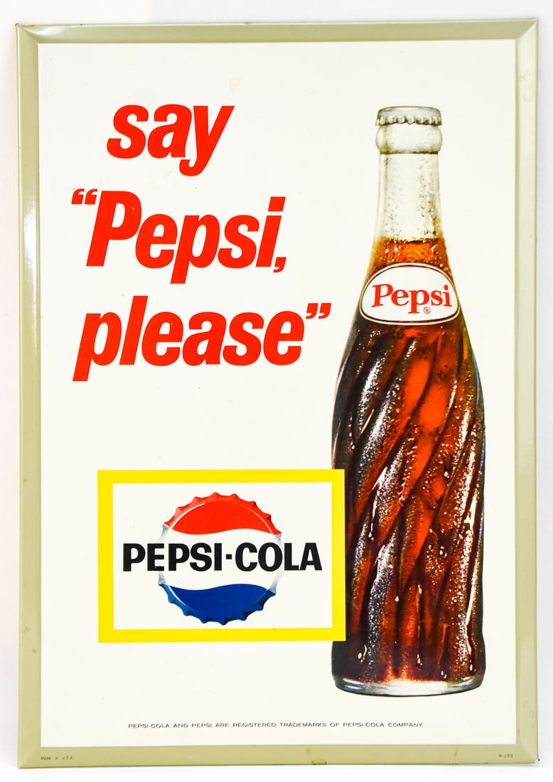 "SAY PEPSI, PLEASE" DISPLAY SIGN: Sign is tin over cardboard made circa the 1950s. They were commonly displayed on checkout counters. Display has the approx. measurements of 12" H x 11" W x 0.5" D.