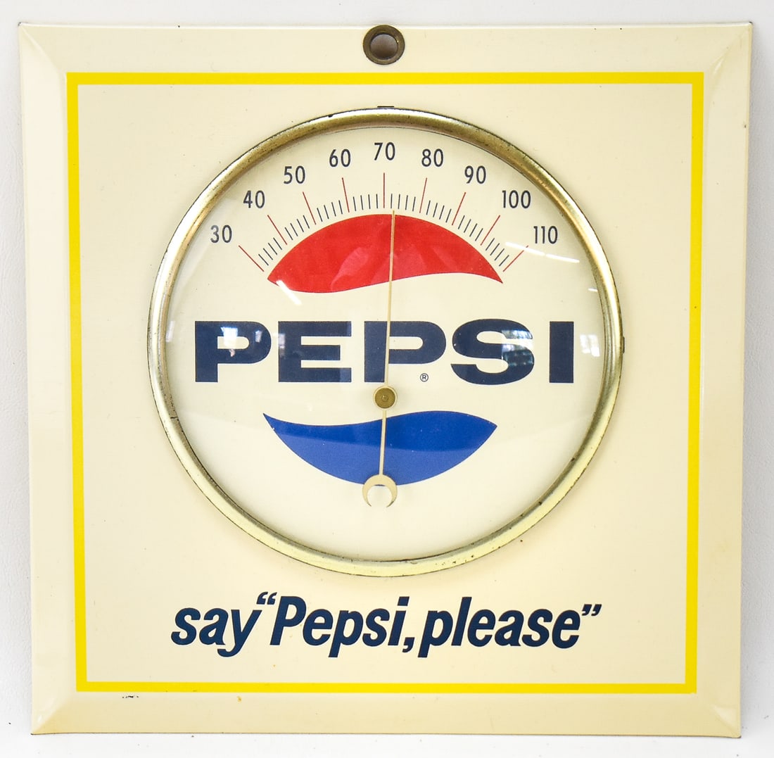 PEPSI "SAY PEPSI, PLEASE" SQUARE WALL ENAMEL THERMOMETER, C. 1969 (1 of 2)