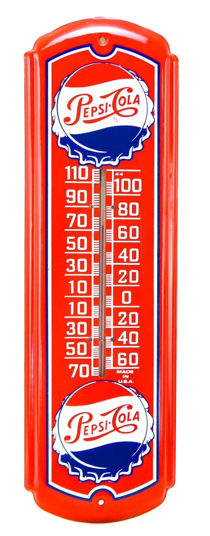 PEPSI-COLA ENAMELED STEEL ADVERTISING THERMOMETER, C. 1950s (1 of 2)