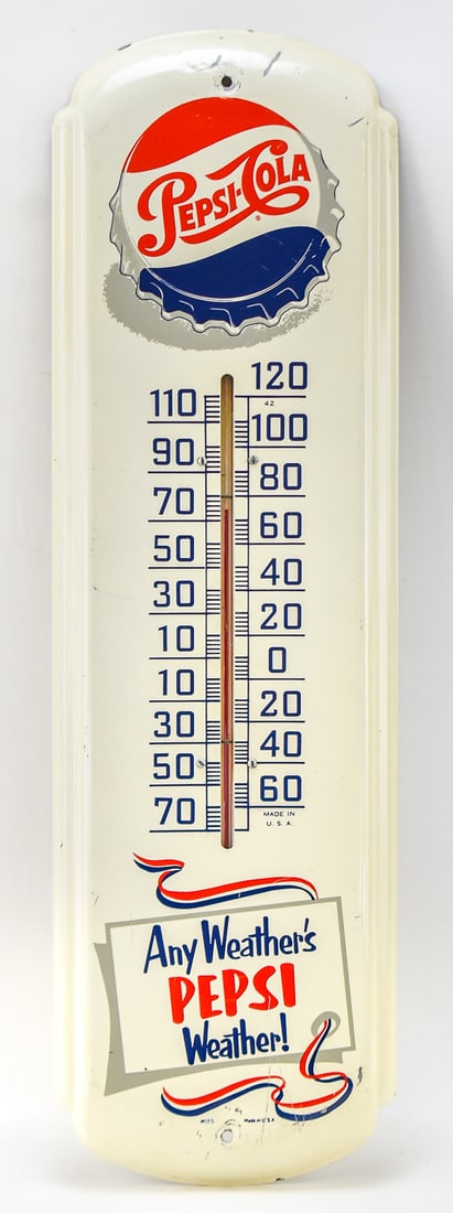 PEPSI-COLA "ANY WEATHER'S PEPSI WEATHER!" ADVERTISING THERMOMETER, STOUT SIGN CO. C. 1950s (1 of 2)