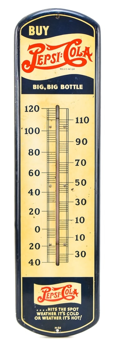 PEPSI:COLA DOUBLE-DOT THERMOMETER, C. 1932: An original single-sided Pepsi:Cola double-dot thermometer made of painted steel, produced circa 1932. The sign has the words "Buy Big, Big Bottle" around the Pepsi:Cola logo and "...Hits the spot