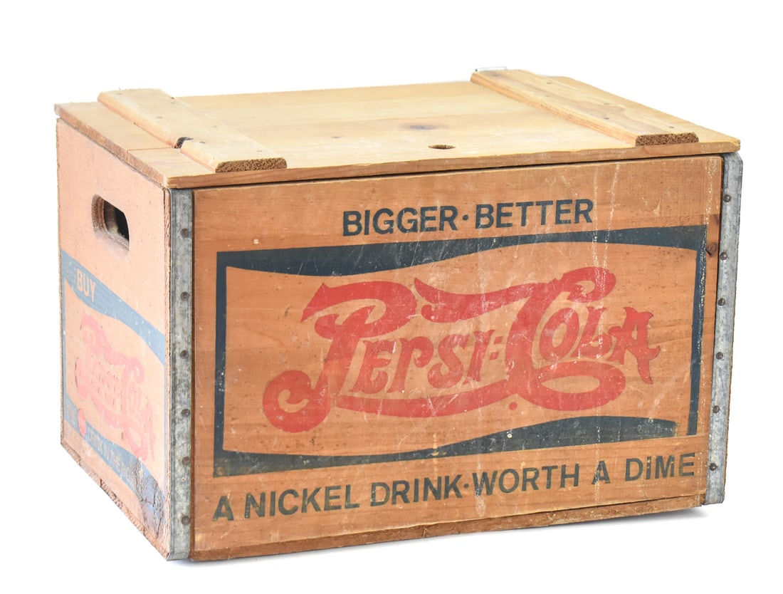 GIDEON-ANDERSON PEPSI:COLA 'DOUBLE DOT' WOODEN ADVERTISING CRATE: A Gideon-Anderson wooden advertising crate for Pepsi: Cola 'Double Dot' "A Nickel Drink - Worth A Dime", circa mid 20th century. The item measures approx. 12" H x 18" W x 12.5" D.