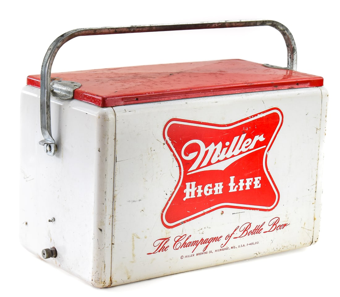 MILLER HIGH LIFE ICE CHEST COOLER, CRONSTOMS MANUFACTURING INC., C. 1950s.: A Miller High Life ice chest aluminum cooler made by Cronstroms Manufacturing Incorporated of Minneapolis, Minnesota, circa 1950s. The side of the cooler has the Miller logo as well as their slogan