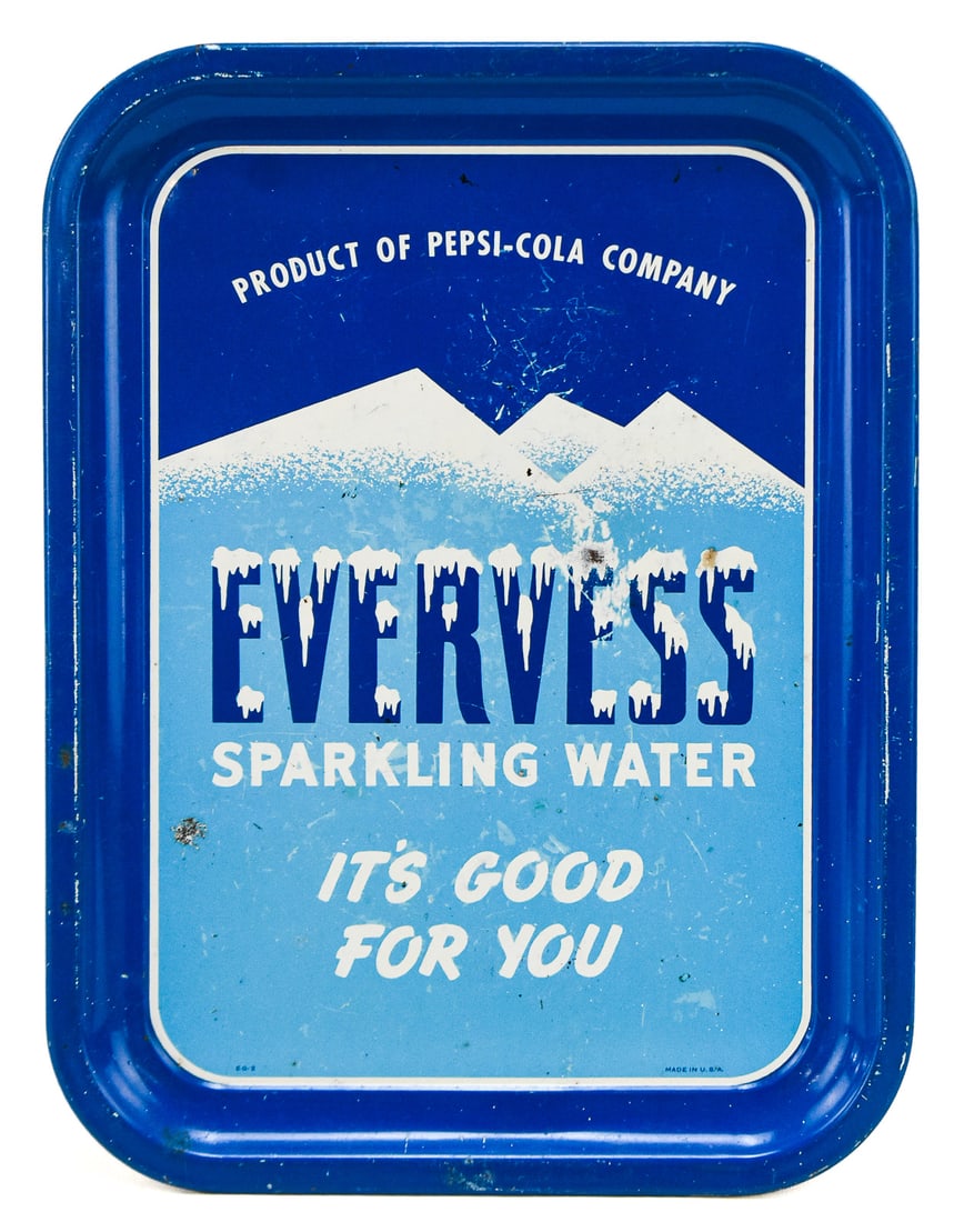 PEPSI-COLA COMPANY EVERVESS SPARKING WATER SERVING TRAY: A Pepsi-Cola Company Evervess Sparkling Water serving tray No. EG-2, circa mid 20th century. The item measures approx. 0.5" H x 10.5" W x 14" D.