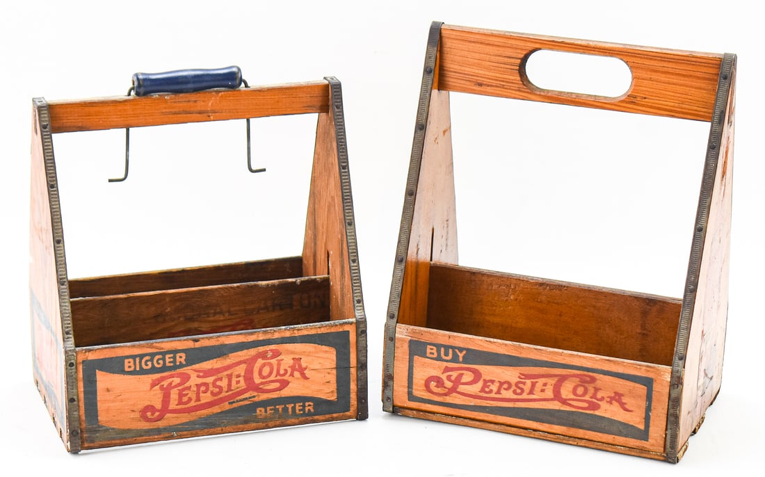 TWO PEPSI:COLA 'DOUBLE DOT' WOODEN BOTTLE CARRIERS (1 of 3)