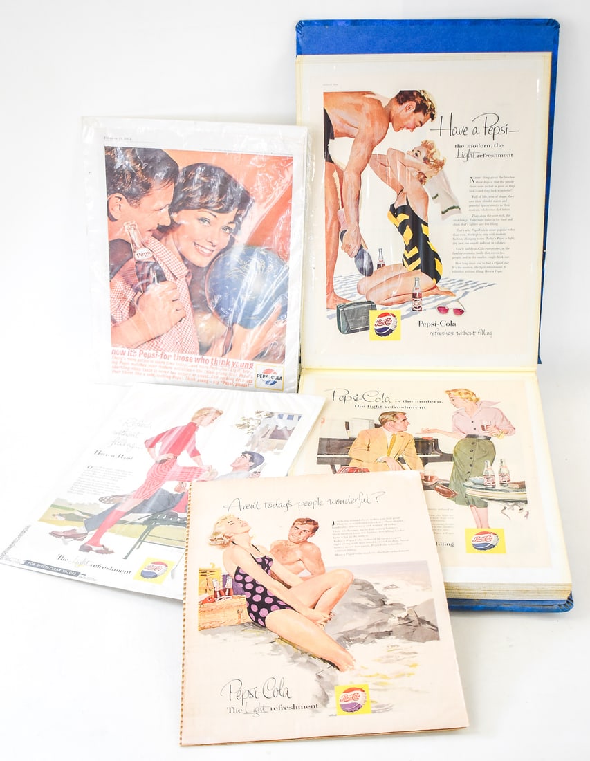 40 PRINTED PESI ADVERTISMENTS: The 40 ads inside this binder span from the early 1950s to the 1970s, featuring different forms of print advertisement for Pepsi products. The binder measures approx. 16.5" H x 12" W x 1.5" D.