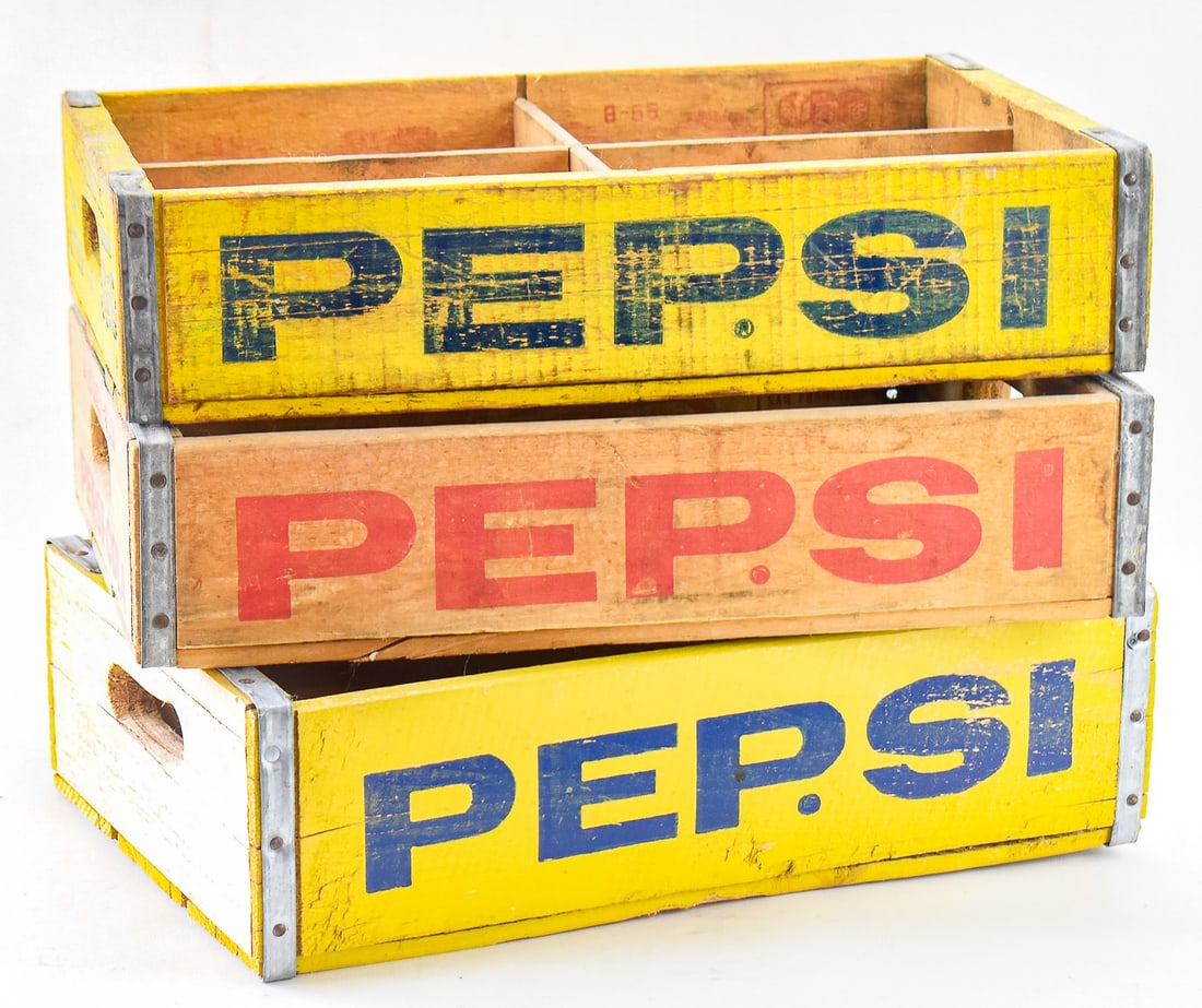 TRIO OF VINTAGE PEPSI CRATES: A trio of vintage Pepsi crates made by Woodstock Mfg. Co. Each crate measures approx. 4" H x 18.5" W x 12" D.